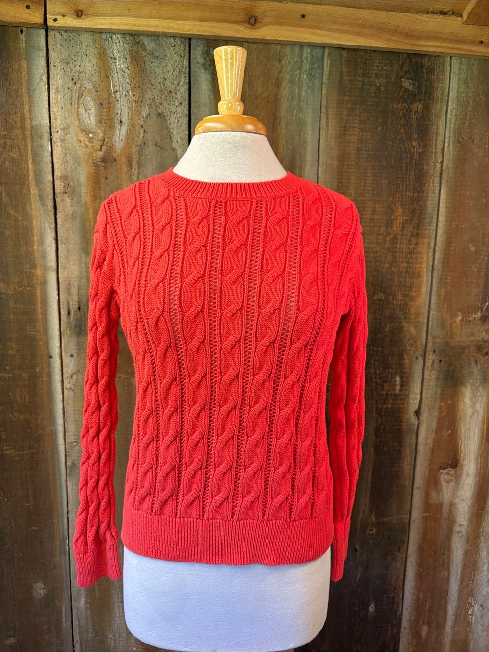 Lands End Drifter Cable-Knit Crewneck Sweater XS Orange/Coral Perfect Fall